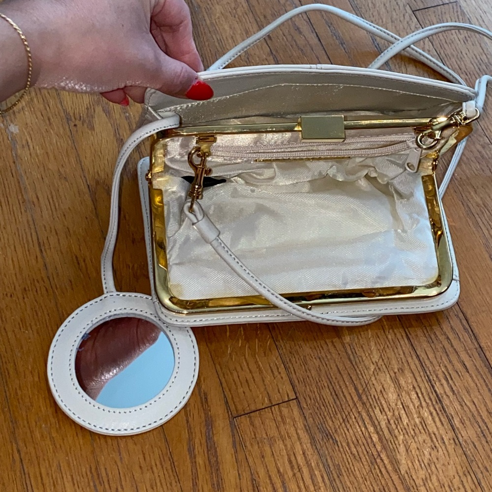 Vintage Preston & York Leather Crossbody Purse Off White with attached Mirror - Picture 7 of 13